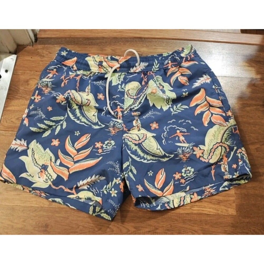 Polo Ralph Lauren Blue Swim Shorts Mens Large Floral Hawaiian Surfer Hula Girl